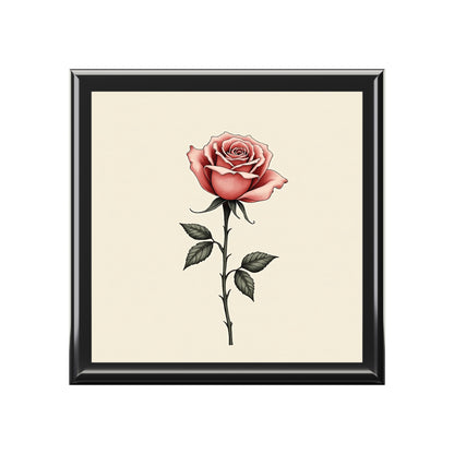 Framed artwork of a pink rose on a beige background