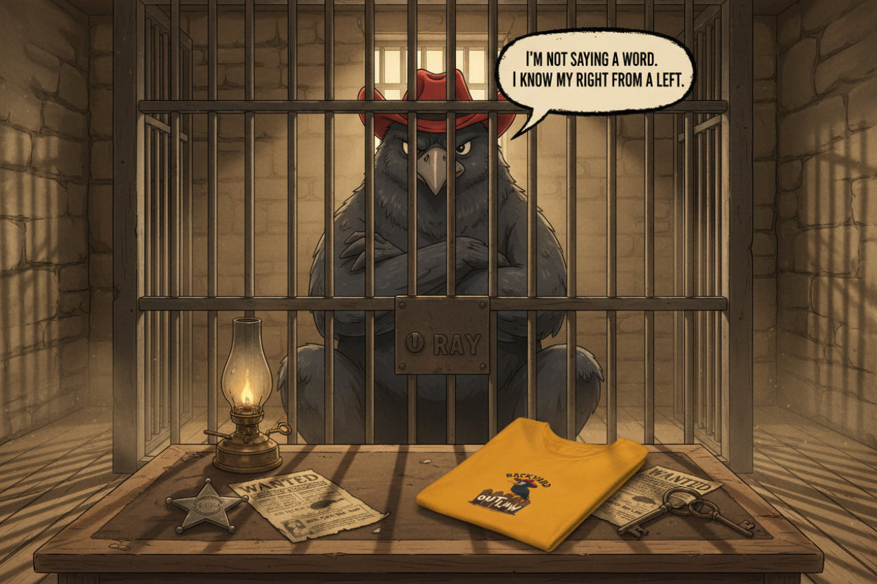 A stylized illustration of a dark bird in a red hat sitting behind prison bars in a stone cell, with a wooden table in front holding a lit lantern, newspaper, star badge, and a yellow T-shirt. A speech bubble. AI created from the imagination of Malika Bourne Legacy.