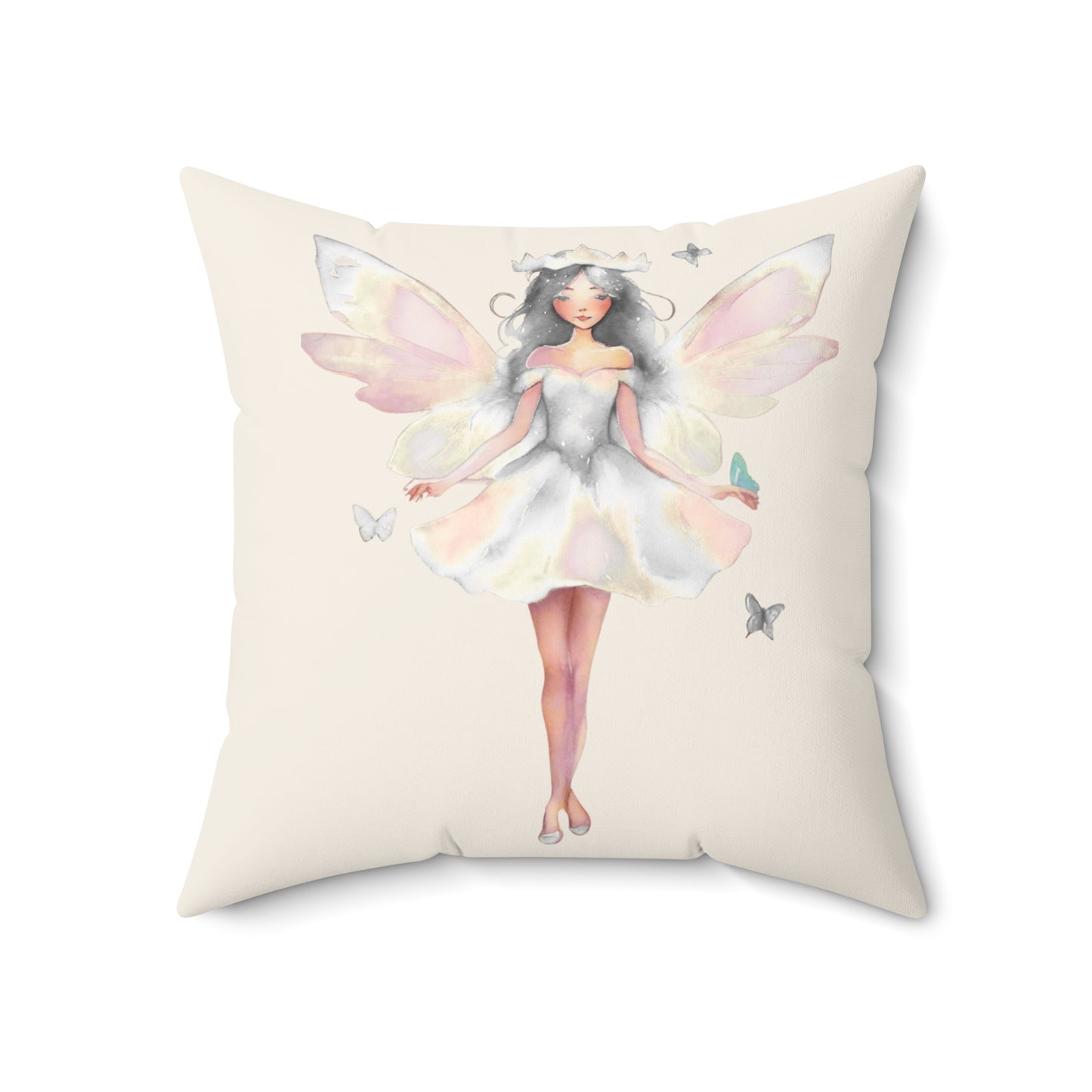 Cream Decorative pillow with a white fairy design on a white background