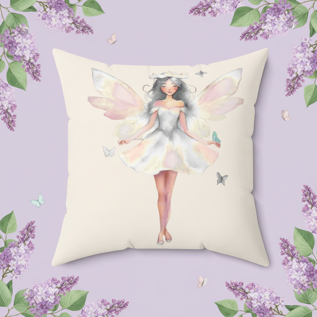 Cream Decorative pillow with a white fairy design on a white background