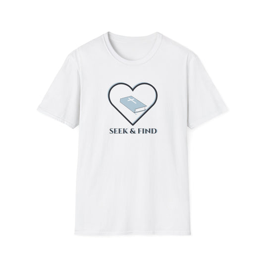 White t-shirt with a heart design and text 'Seek & Find' on a white background