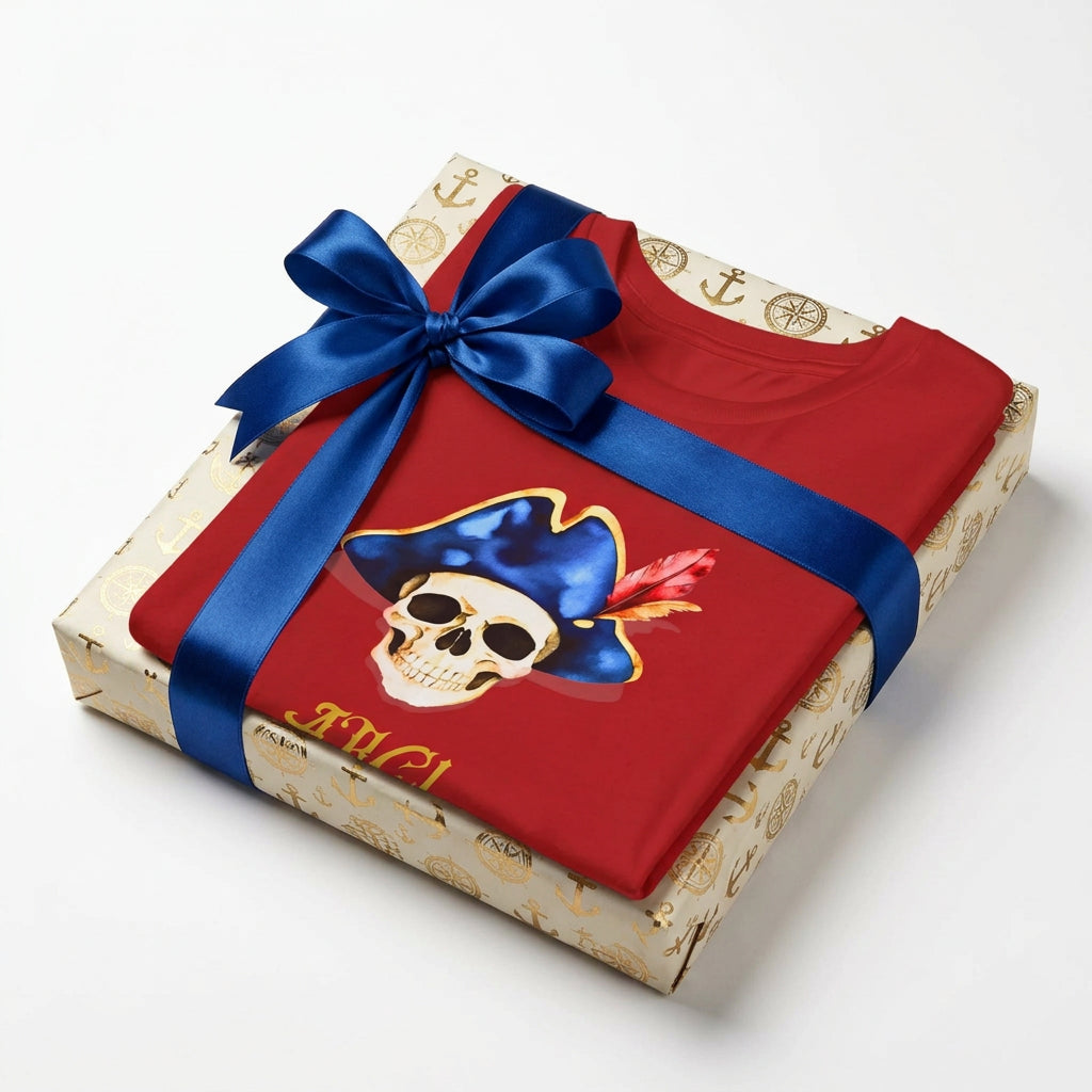 Folded red: Kids T‑shirt with a pirate skull wearing a blue hat and red feather, with “ARG!” in yellow text.