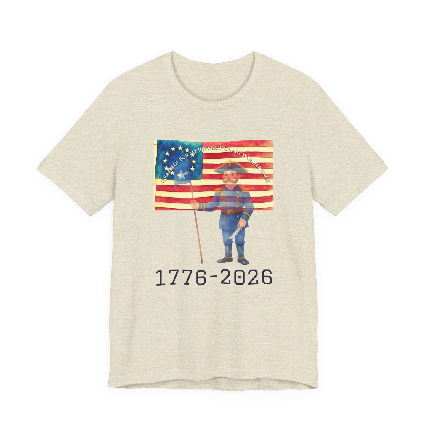 Beige t-shirt with a graphic of a person holding an American flag and the text '1776-2026' on a white background.