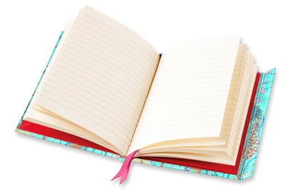Notebook with a colorful floral design on a white background. Open book with lined paper.