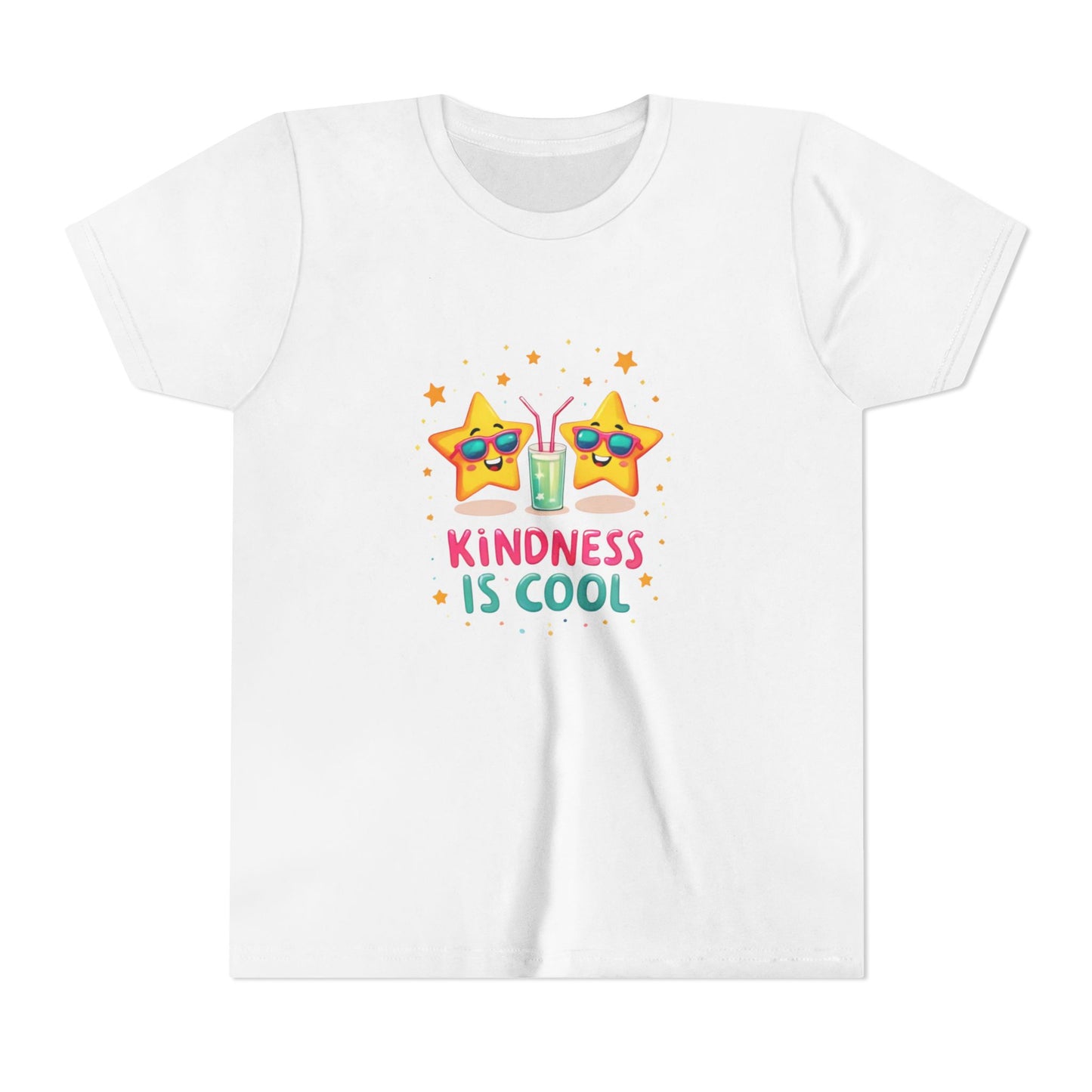 White t-shirt with a graphic design and text 'Kindness is Cool' on a white background