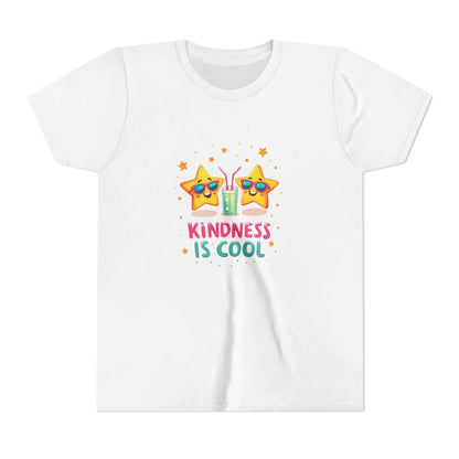 White t-shirt with a graphic design and text 'Kindness is Cool' on a white background