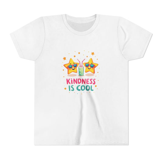 White t-shirt with a graphic design and text 'Kindness is Cool' on a white background
