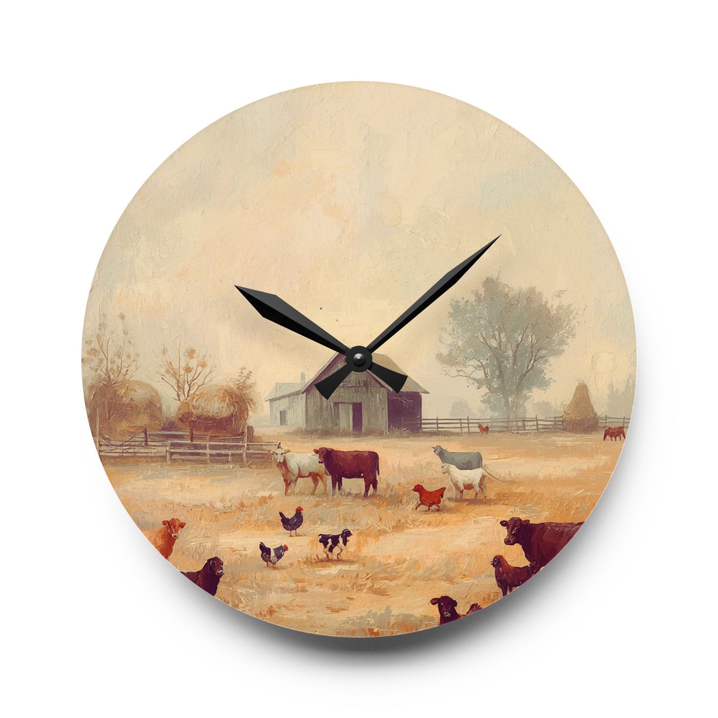 Round wall clock with a farm scene design on a white background