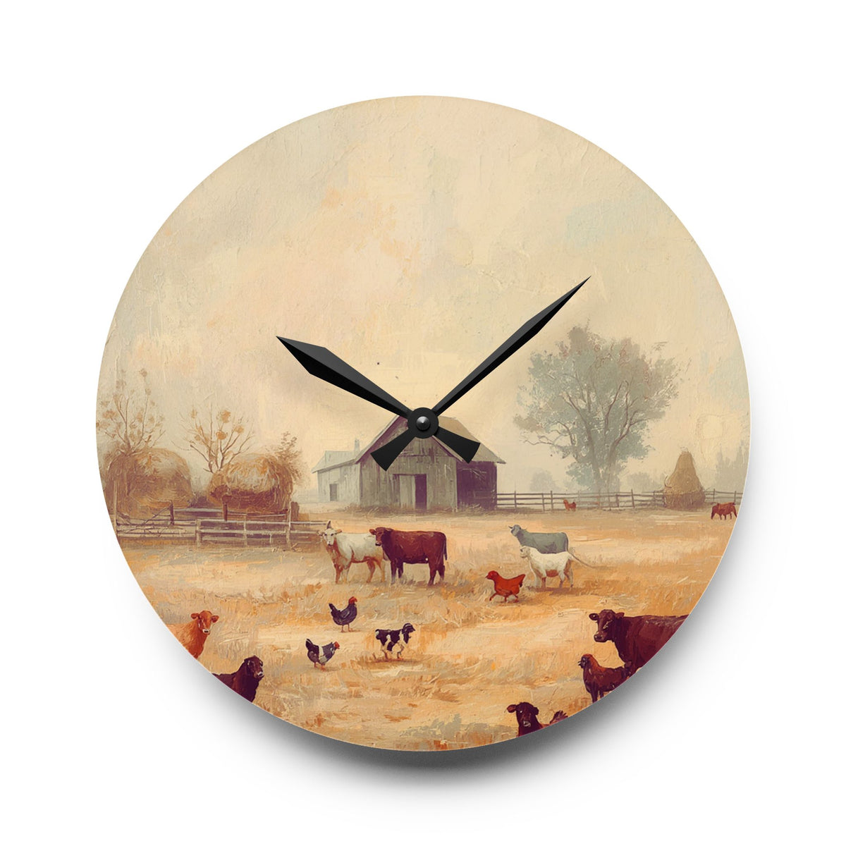 Round wall clock with a farm scene design on a white background