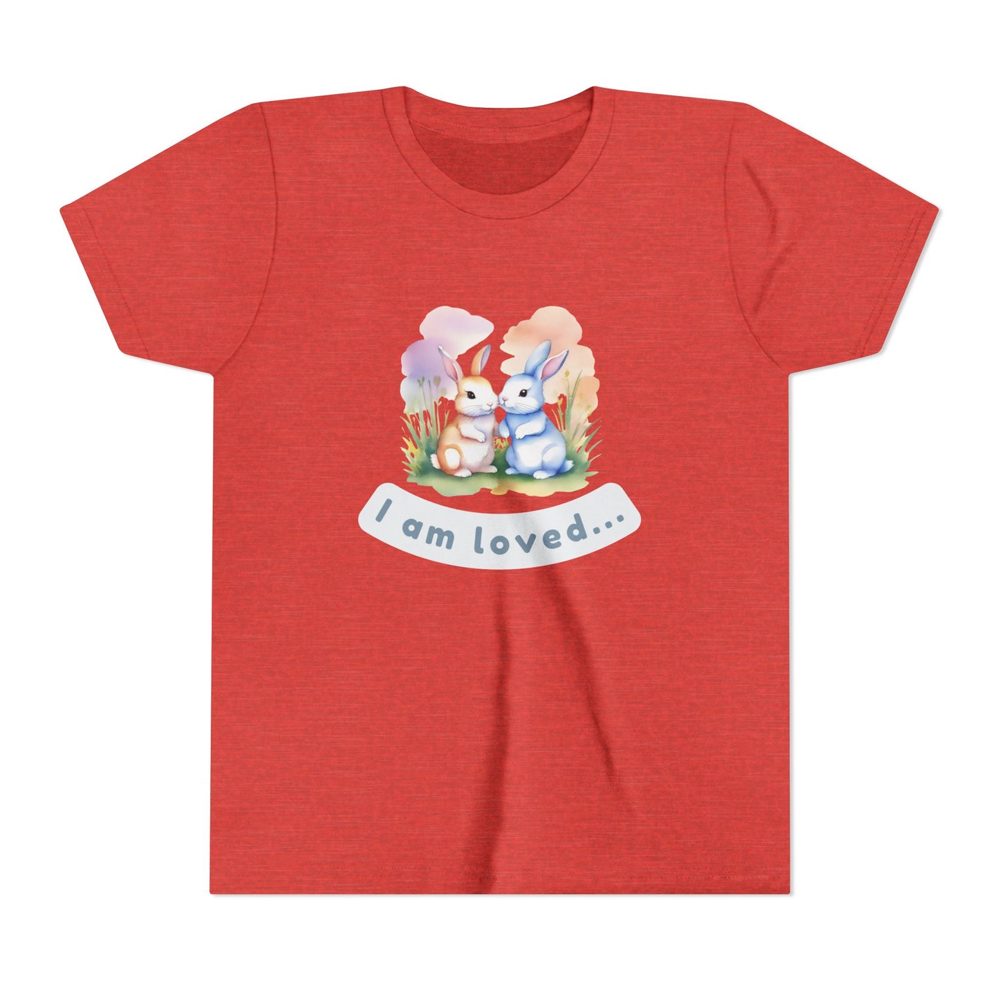 Red t-shirt with cartoon bunnies and 'I am loved' text on a white background