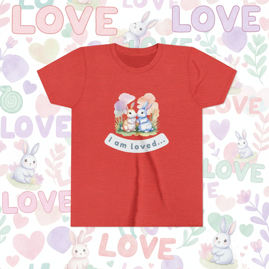 Red t-shirt with cartoon bunnies and 'I am loved' text on a white background