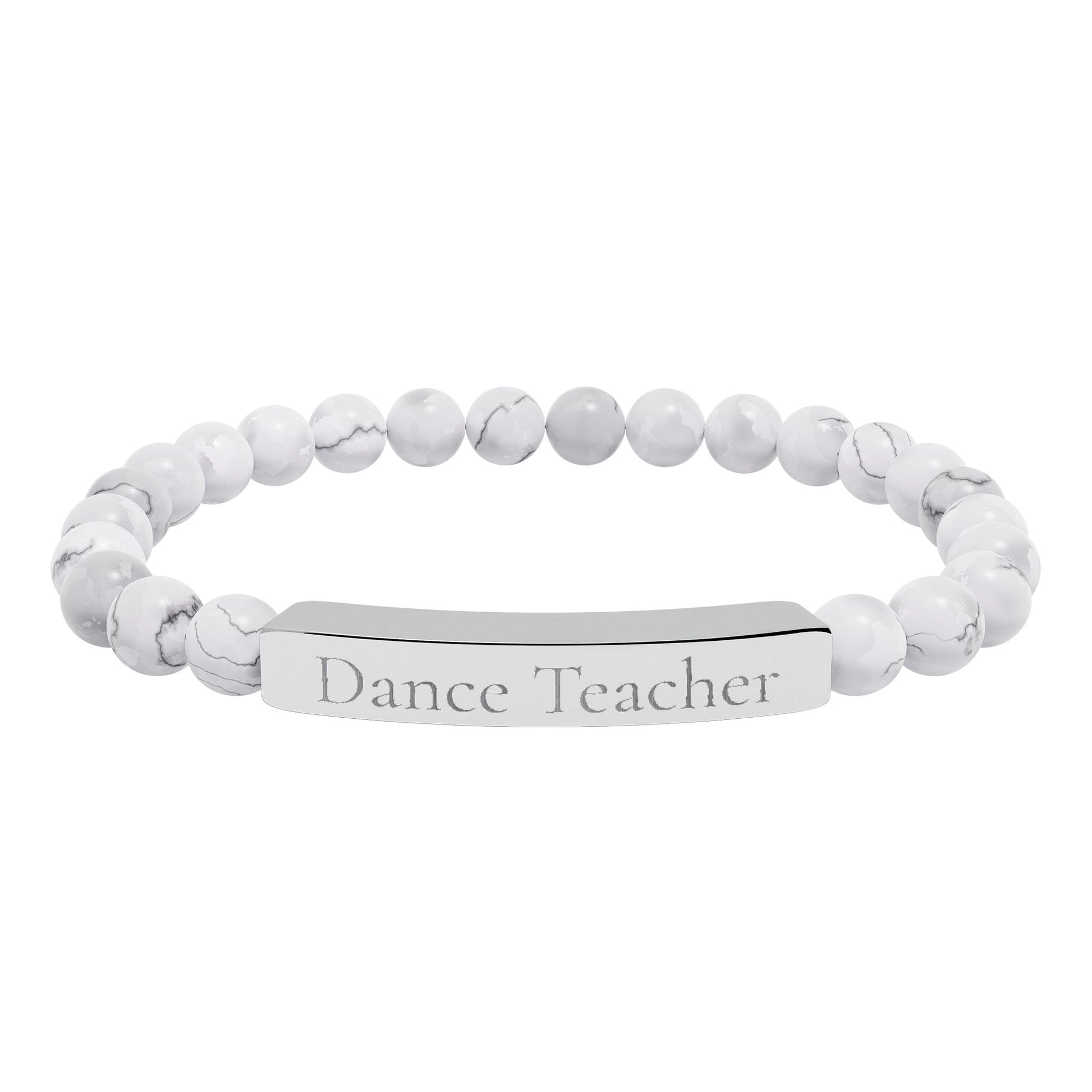 White beaded bracelet with engraved tag on a white background: dance teacher.