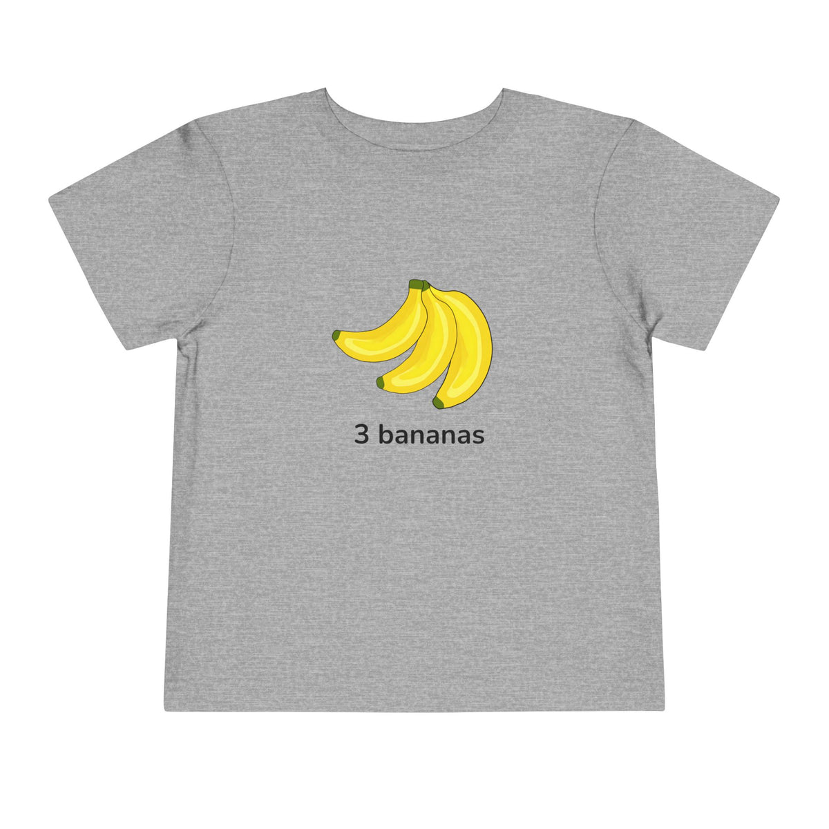 A heather gray short-sleeve t-shirt with a graphic of three yellow bananas and the text '3 bananas' printed on the chest, displayed on a solid white background.