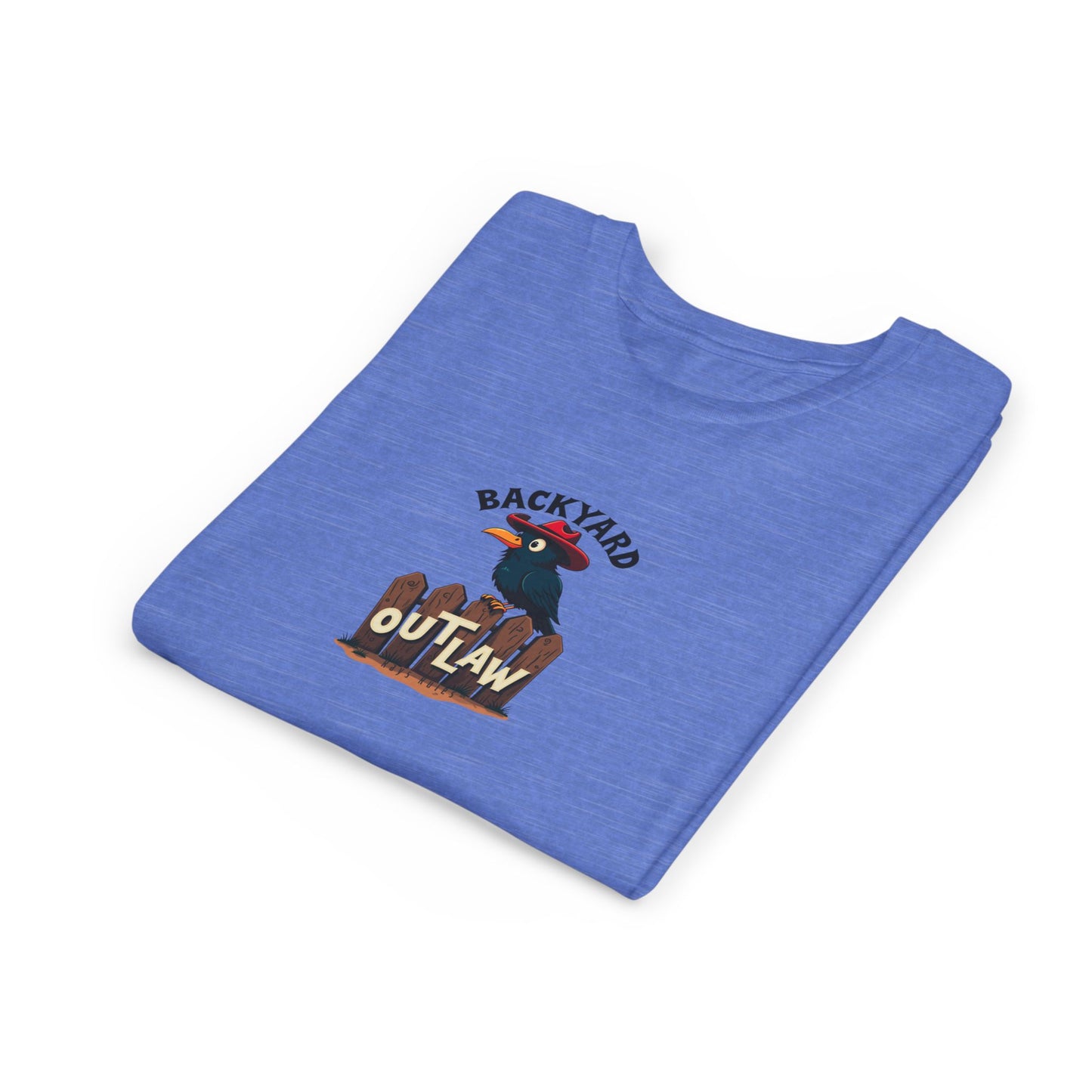 Folded blue T=shirt with cartoon image of a crow in a red cowboy hat. Text says, "Backyard outlaw."