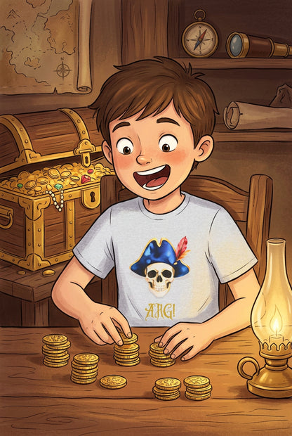 Kids white T‑shirt with a pirate skull wearing a blue hat and red feather, with “ARG!” in yellow text. AI-genrated cartoon mock up