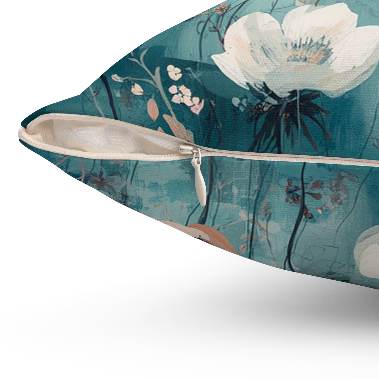 Floral-patterned pillow with a zipper on a white background