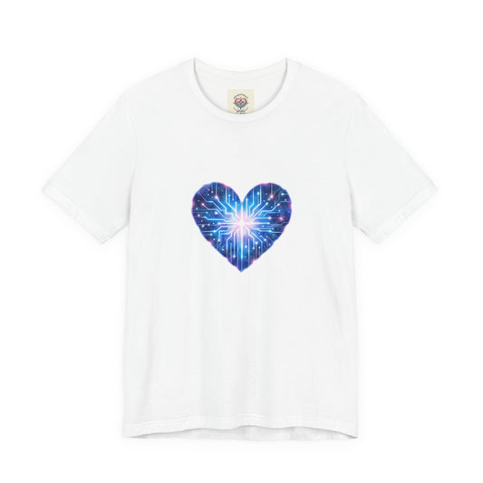 Cosmic Glow Heart Tee — Luminous Blue & Purple Heart Graphic T-Shirt