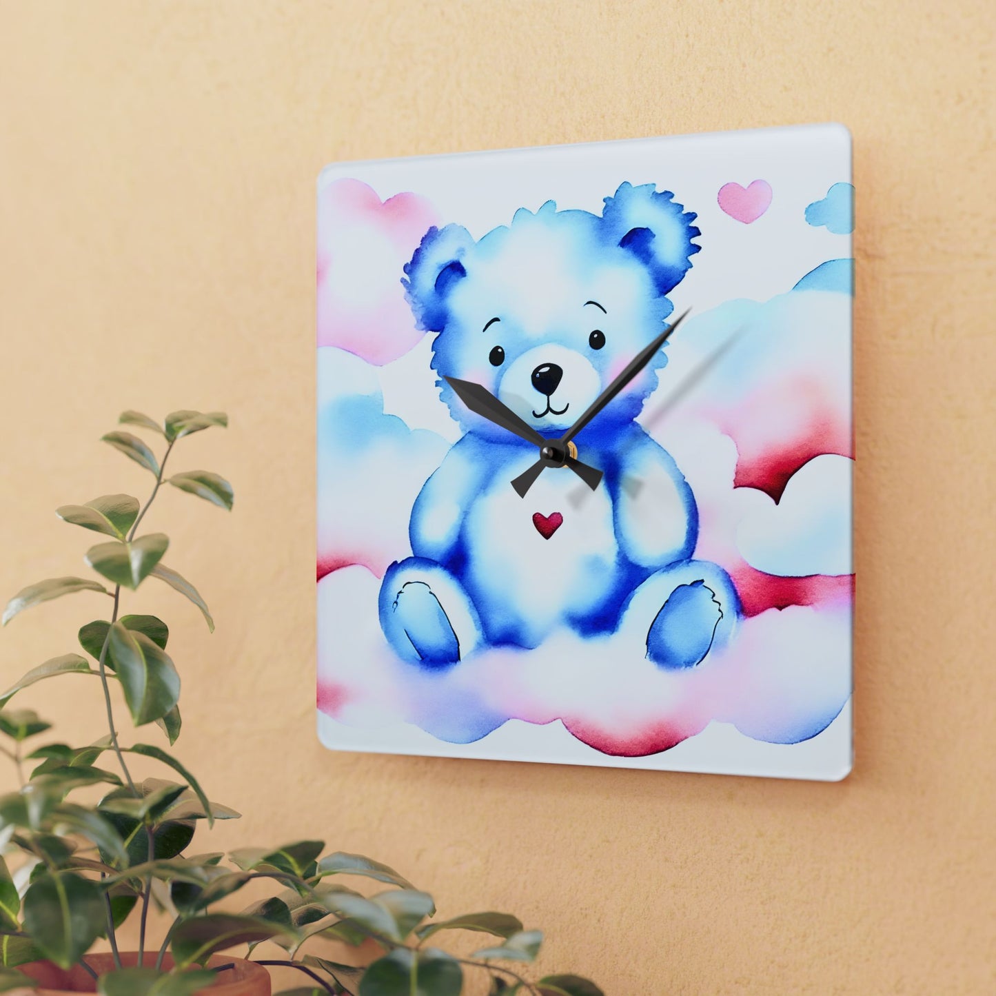 Acrylic Wall Clock — Blue Teddy Bear Nursery Clock with a Heart, Adorable Baby Shower Decor