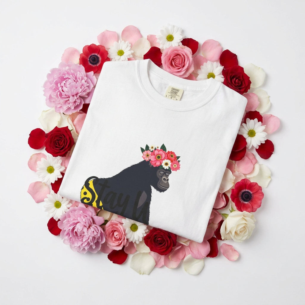 “Girl‑Girl™ gorilla wearing a flower crown and patterned shorts on a folded white unisex tee with the phrase ‘Stay Pretty.’” The shirt lies on a bed of flowers and petals.