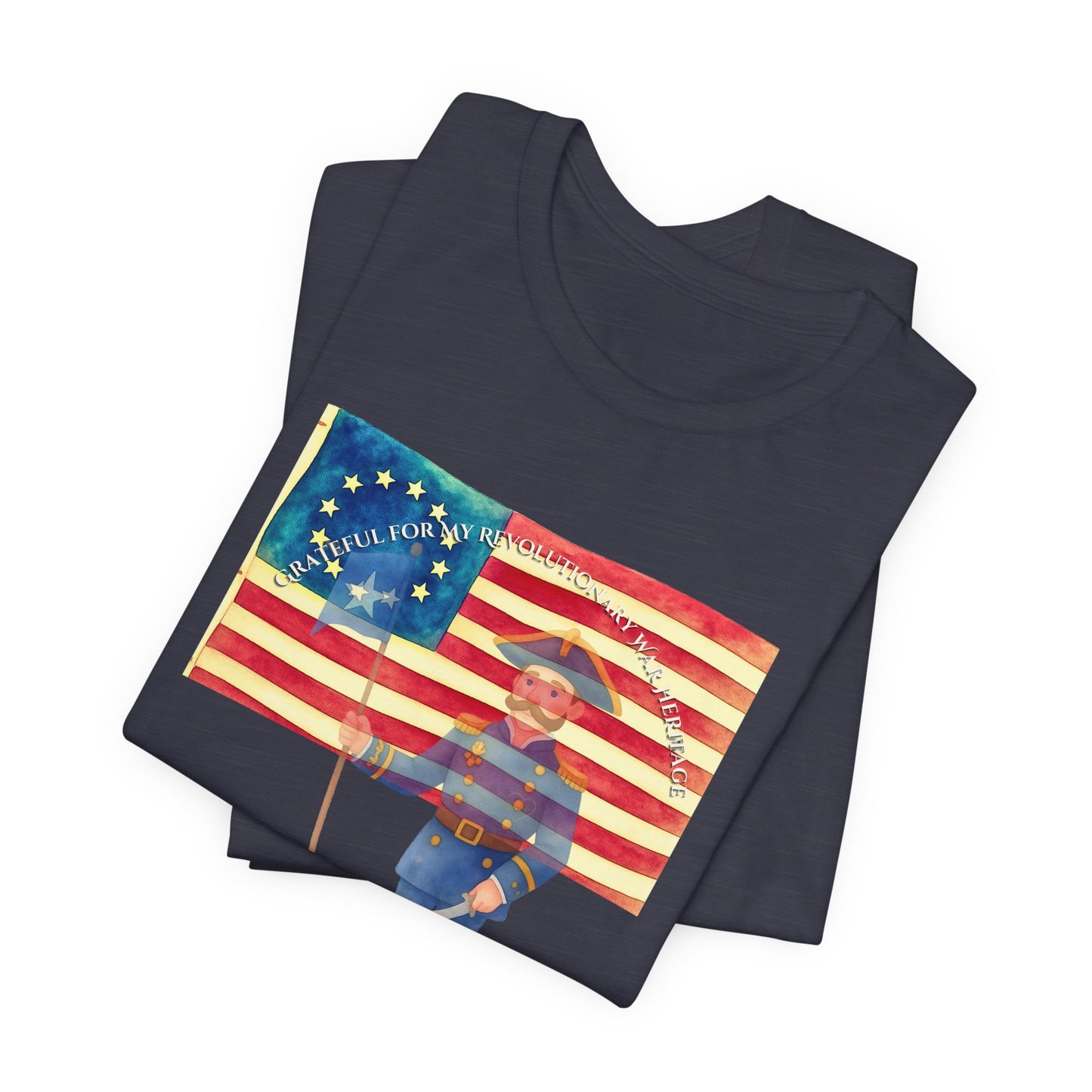 Folded navy blue t-shirt with a graphic design of a flag and soldier on a white background