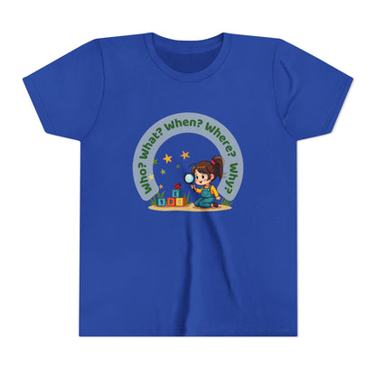 Blue t-shirt with a cartoon character and educational text on a white background.