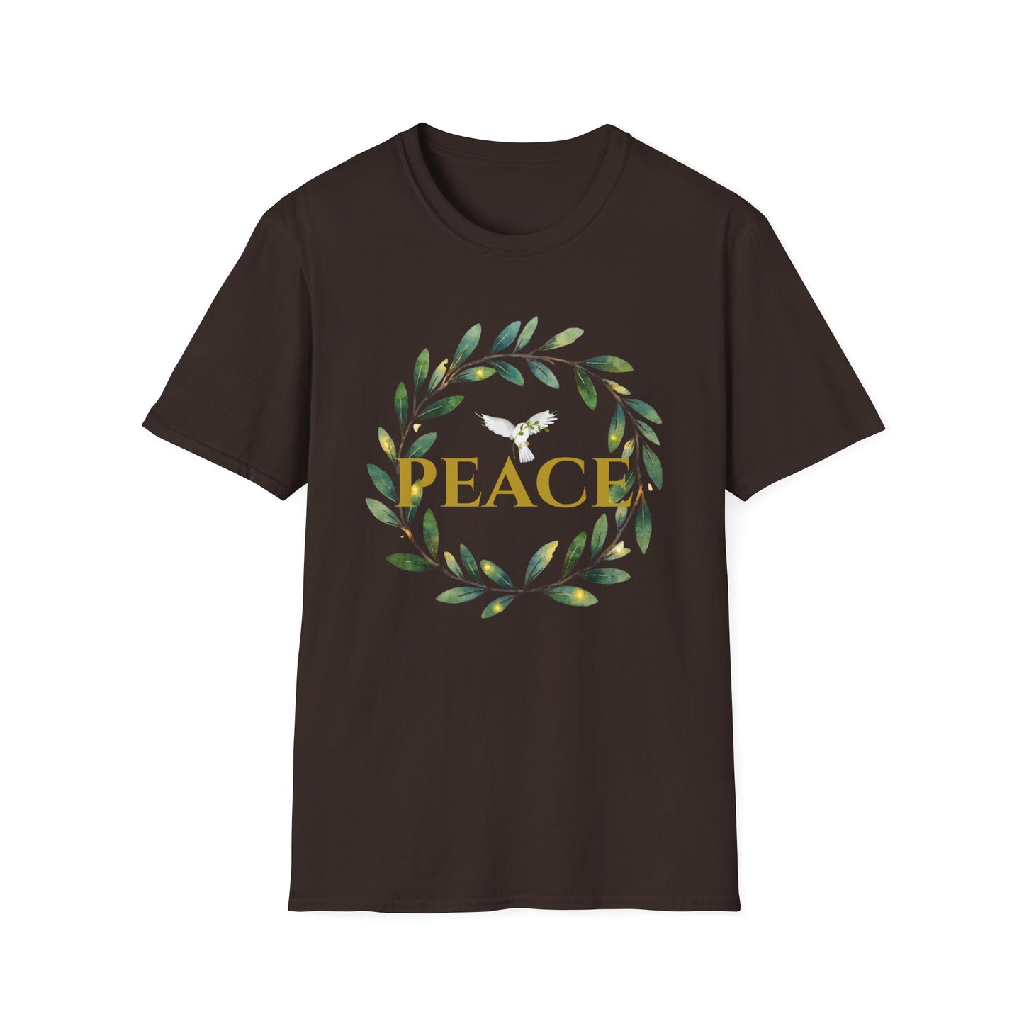 Classic Gildan Softstyle t‑shirt with a watercolor olive‑leaf wreath and gold PEACE lettering, shown in Dark Chocolate.