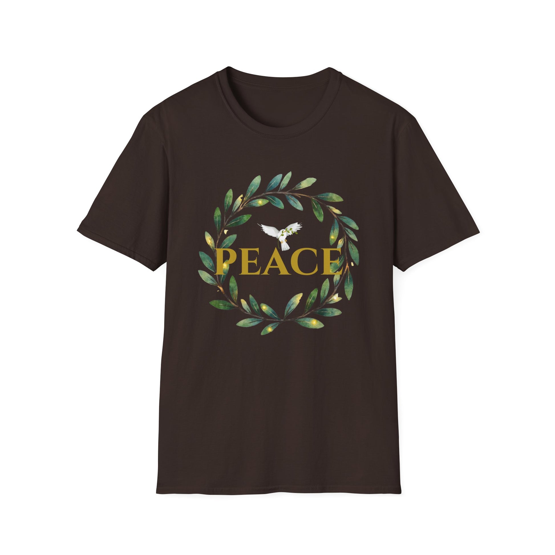 Classic Gildan Softstyle t‑shirt with a watercolor olive‑leaf wreath and gold PEACE lettering, shown in Dark Chocolate.
