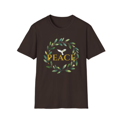 Classic Gildan Softstyle t‑shirt with a watercolor olive‑leaf wreath and gold PEACE lettering, shown in Dark Chocolate.