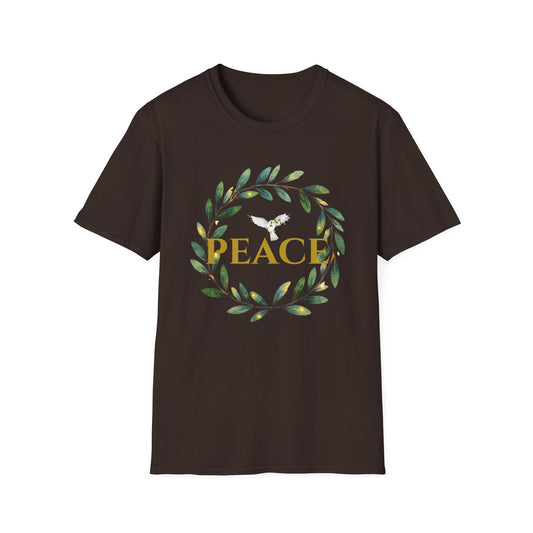 Classic Gildan Softstyle t‑shirt with a watercolor olive‑leaf wreath and gold PEACE lettering, shown in Dark Chocolate.