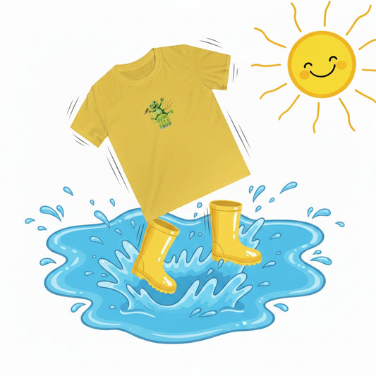 A yellow short-sleeve t-shirt with a small green frog graphic on the chest, shown floating above a blue splash puddle with yellow rain boots. A smiling yellow sun is in the top right corner, all on a white background. Text o fhte shirt says, "I can jump like a frog."