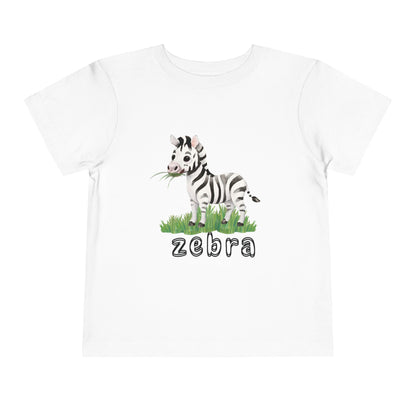 White t-shirt with a zebra graphic and 'zebra' text on a white background