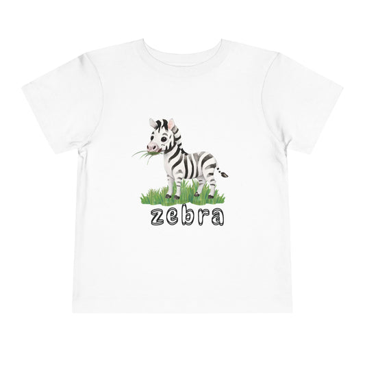 White t-shirt with a zebra graphic and 'zebra' text on a white background