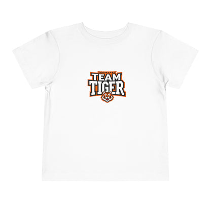 Toddler t-shirt with collegiate-style ‘Team Tiger’ lettering and a tiger mascot emblem.