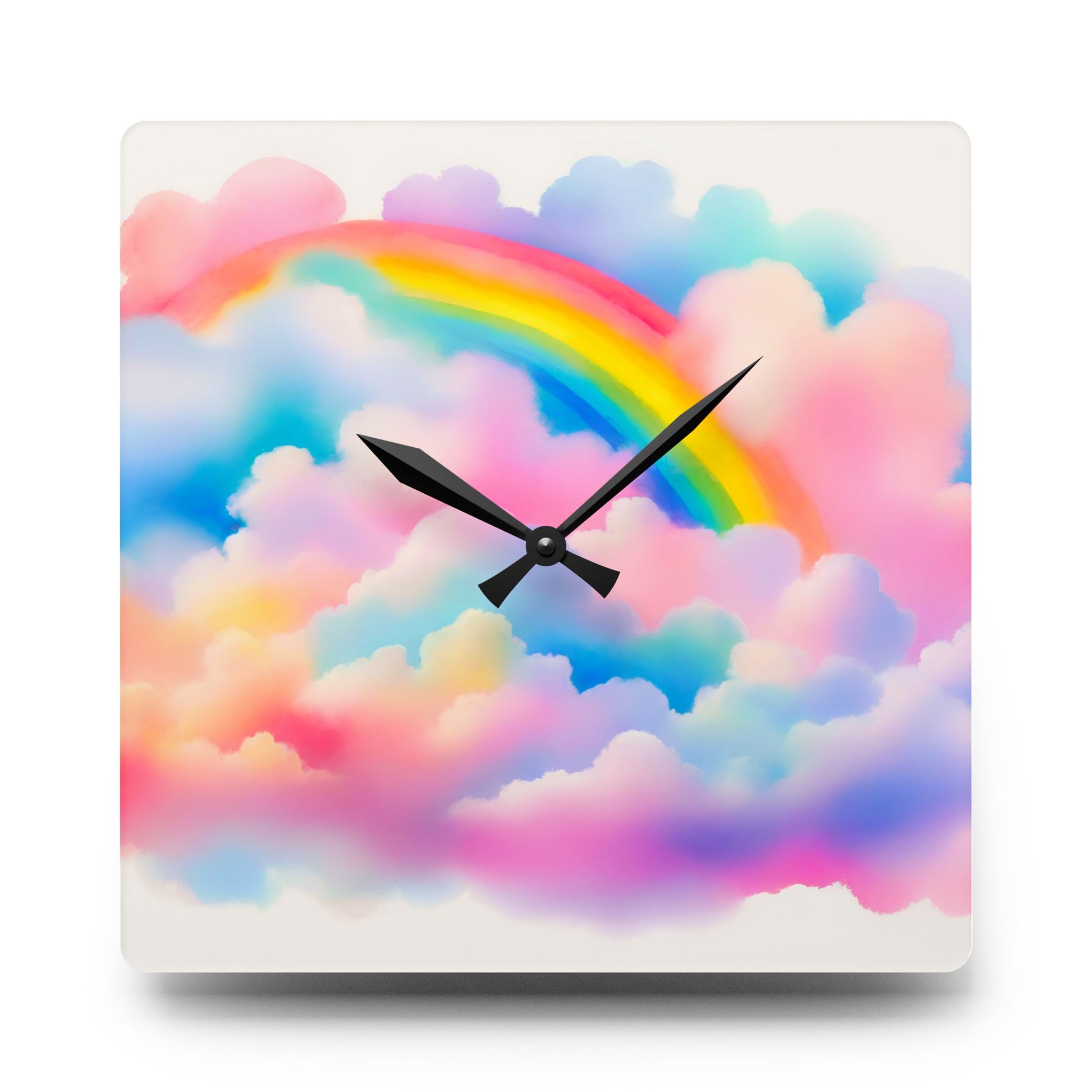 Colorful clock with rainbow and cloud design on a white background