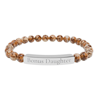 Engraved Stone Bar Bracelet — “Bonus Daughter” Stretch Keepsake Jewelry
