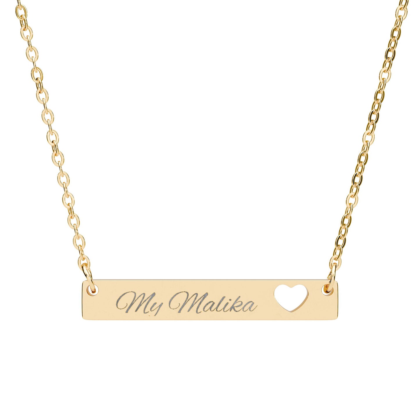 Gold necklace with a bar pendant engraved with 'My Malika' on a white background