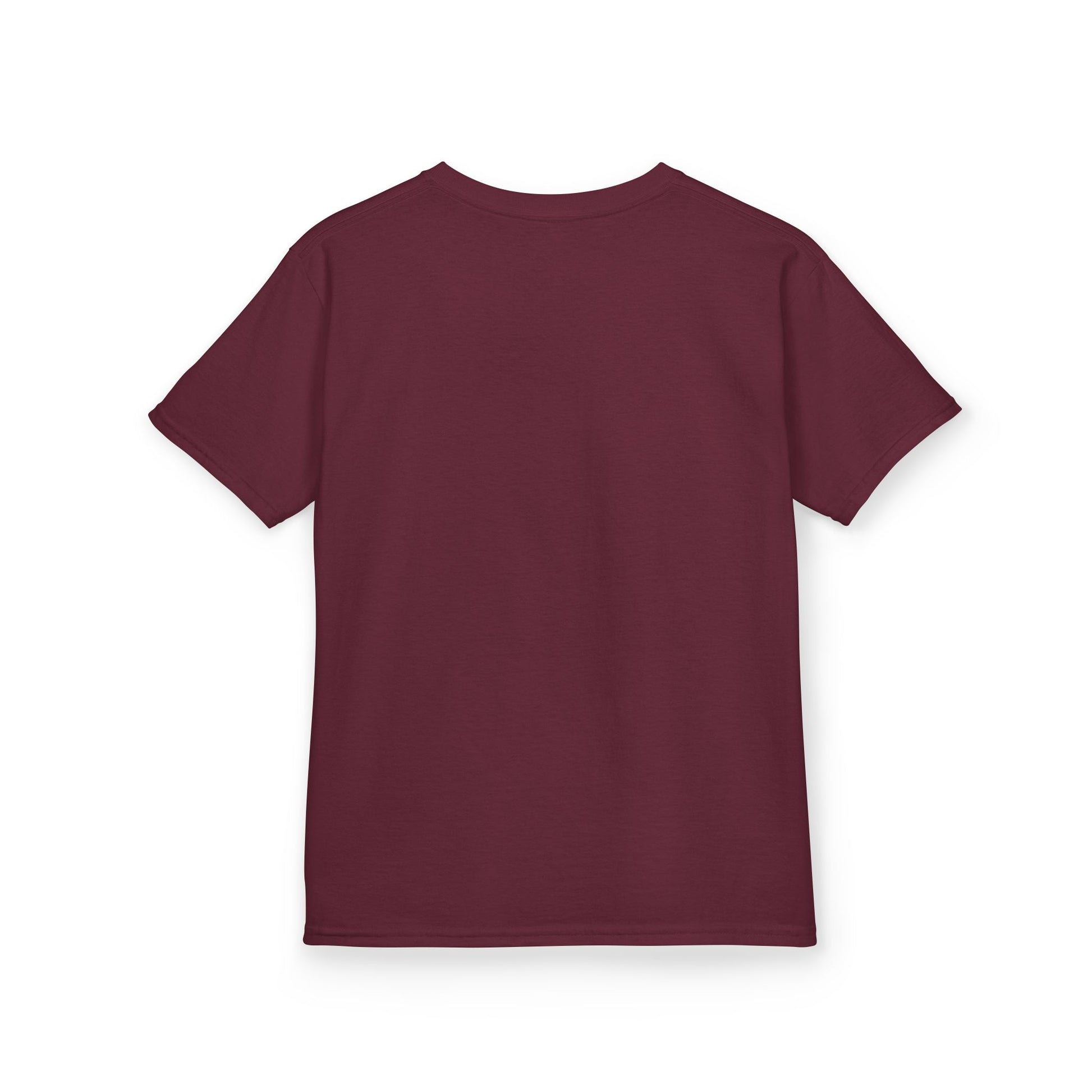 A maroon short-sleeve kids' t-shirt, displayed on a clean white background.