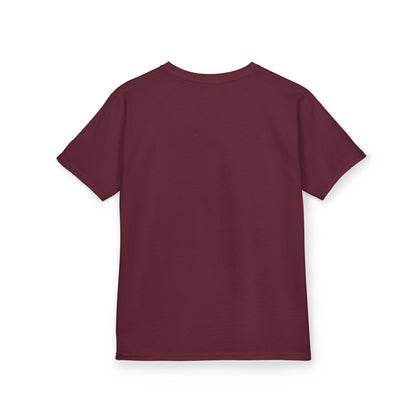 A maroon short-sleeve kids' t-shirt, displayed on a clean white background.