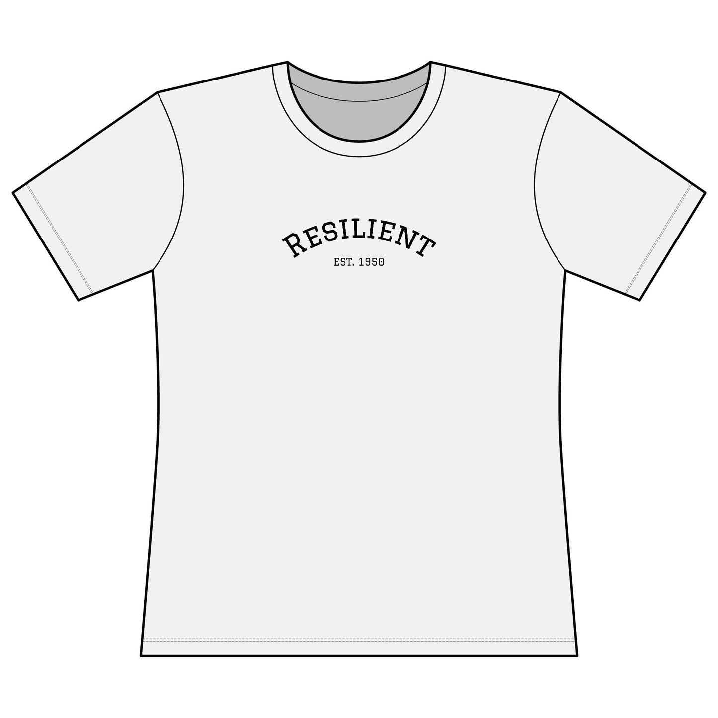 White t-shirt with 'RESILIENT EST. 1980' text on a white background. 