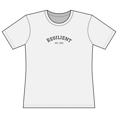 White t-shirt with 'RESILIENT EST. 1980' text on a white background. 