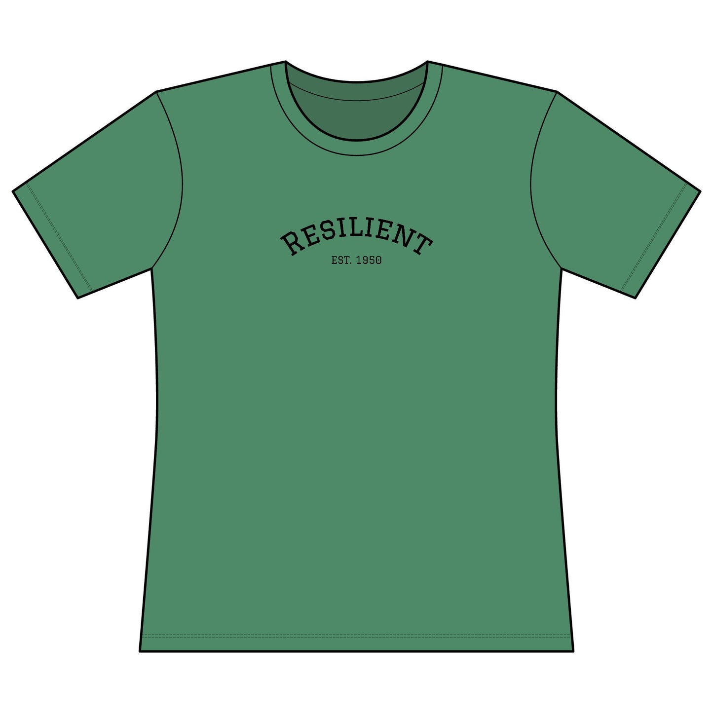 Green t-shirt with 'RESILIENT EST. 1950' text on a white background. Green t-shirt with 'RESILIENT EST. 1980' text on a white background