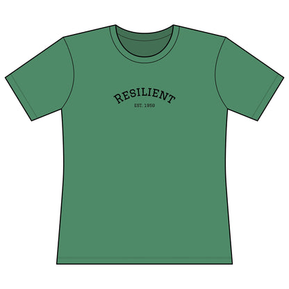 Green t-shirt with 'RESILIENT EST. 1950' text on a white background. Green t-shirt with 'RESILIENT EST. 1980' text on a white background