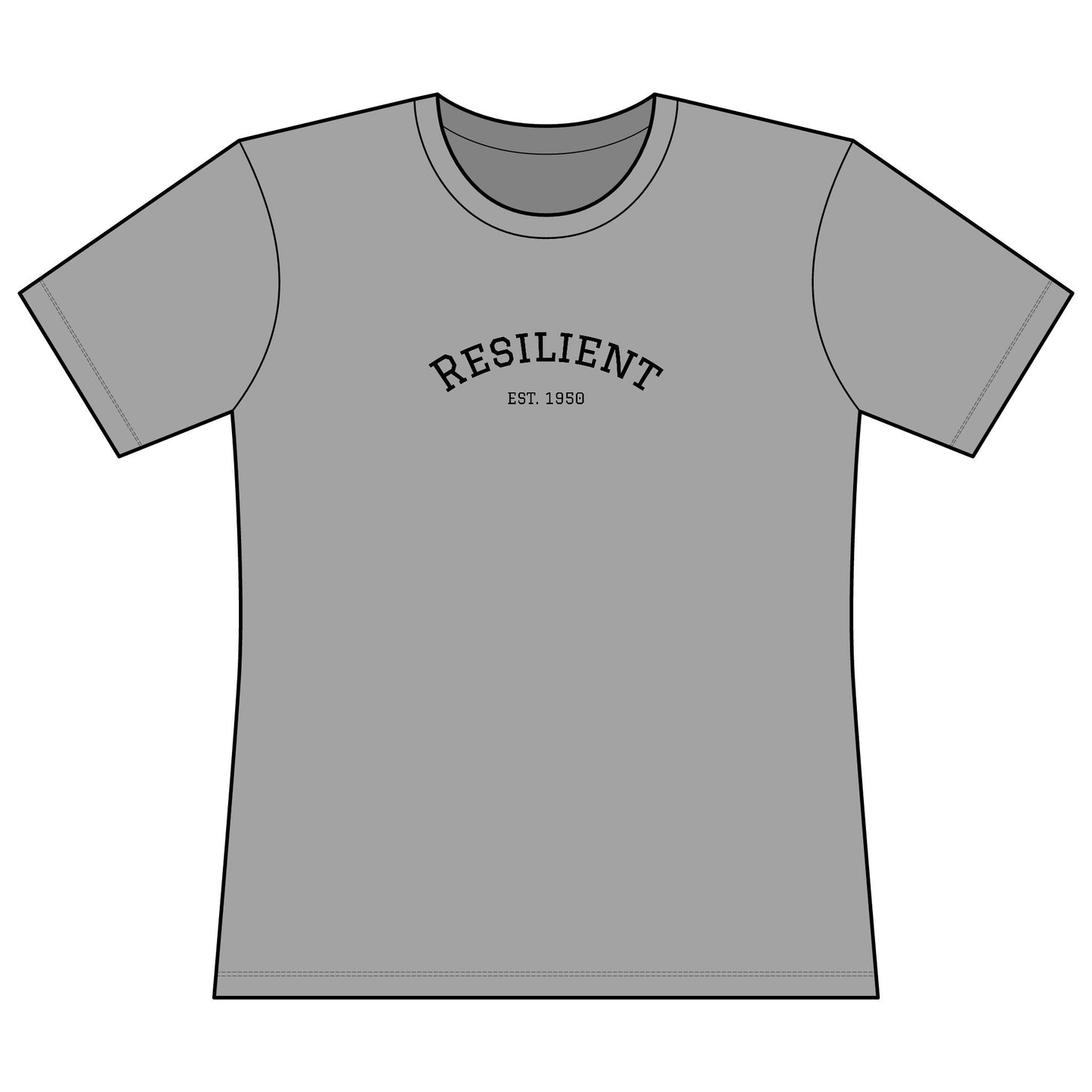 Minimalist inspirational Important Tee for women Gray t-shirt with 'RESILIENT EST. 1950' text on a white background 
