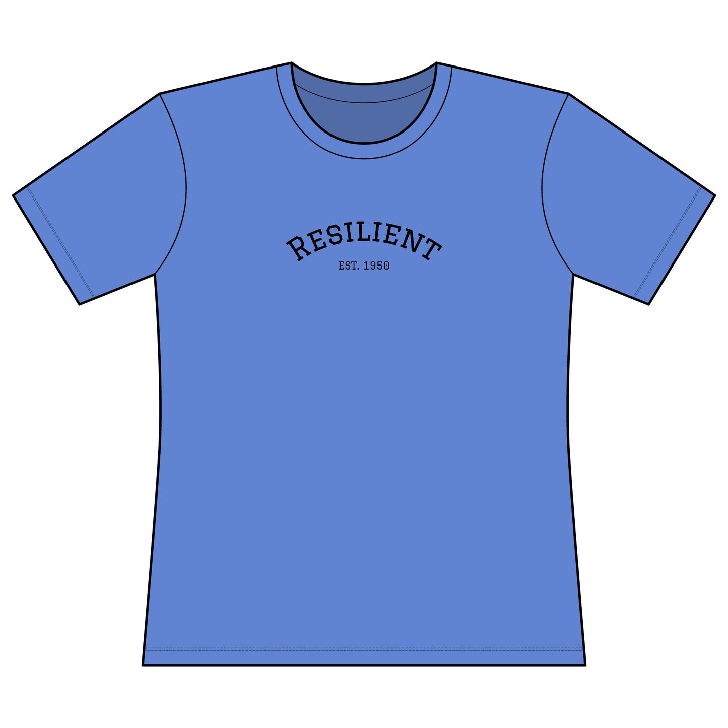 Blue t-shirt with 'RESILIENT EST. 1950' text on a white background. Women’s empowerment tee with Resilient text