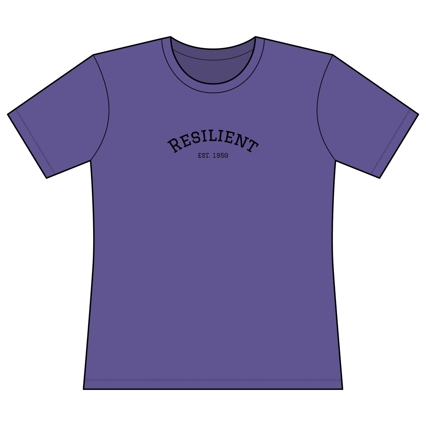 Purple t-shirt with 'RESILIENT EST. 1980' text on a white background, Resilient Important Tee, confidence shirt for women”