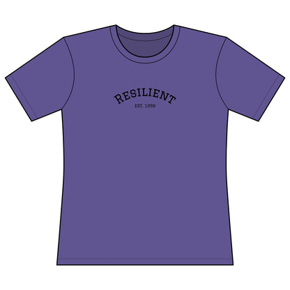 Purple t-shirt with 'RESILIENT EST. 1980' text on a white background, Resilient Important Tee, confidence shirt for women”