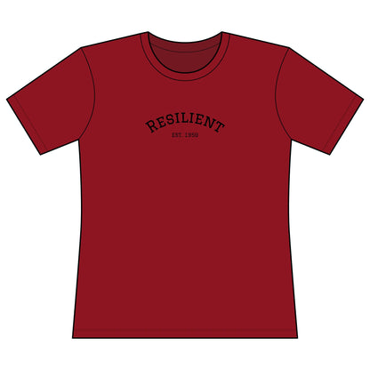 Women’s empowerment tee with Resilient text. Red women's power tee.