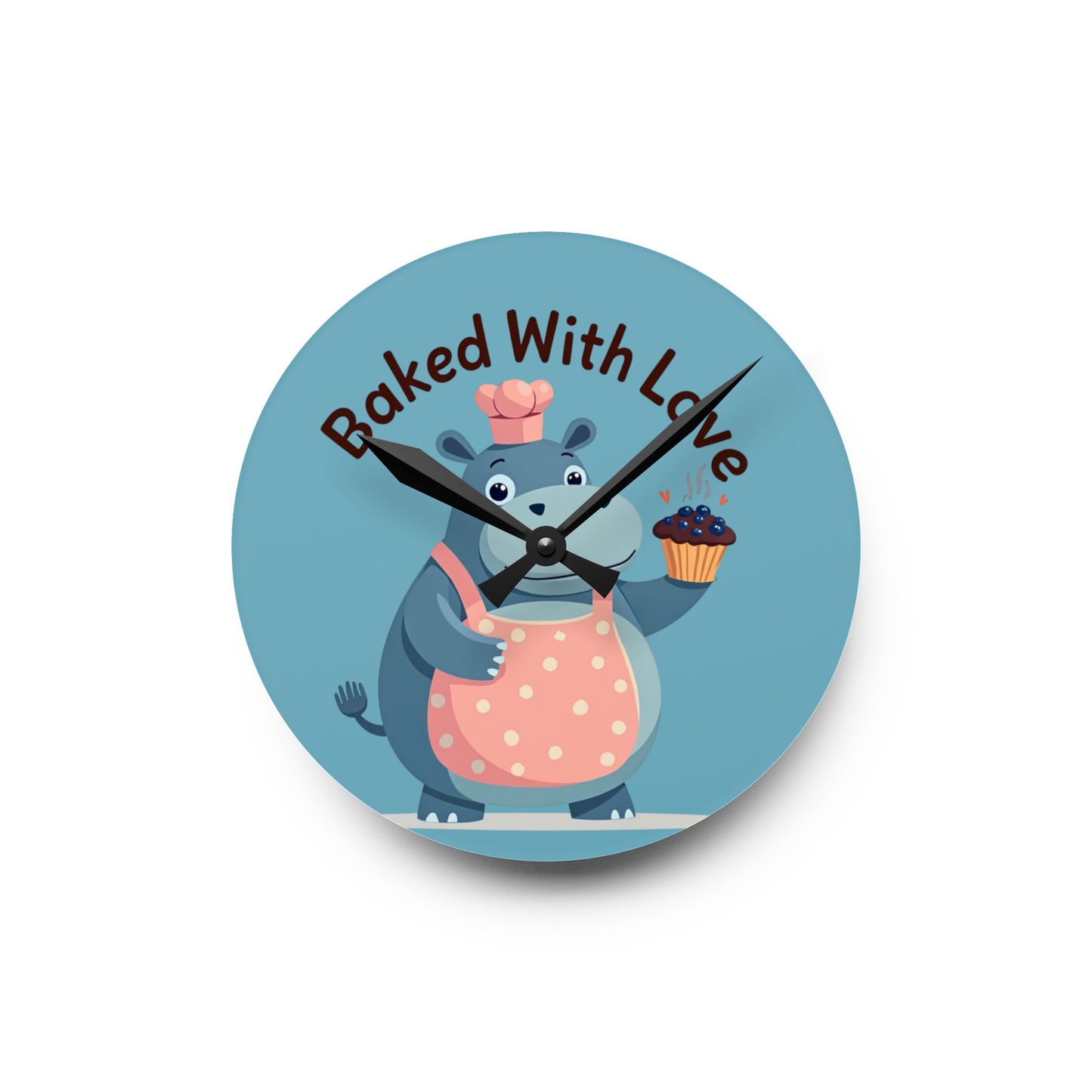 Clock with cartoon bear holding a cupcake and text 'Baked With Love' on a blue background