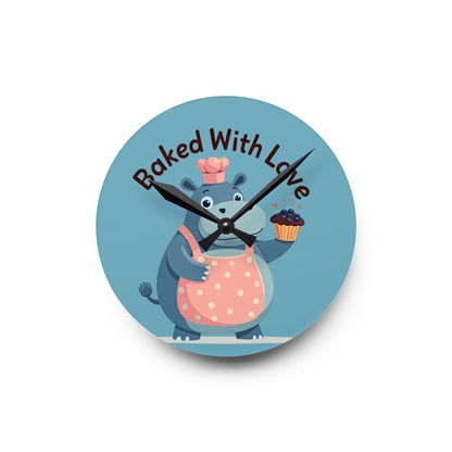 Clock with cartoon bear holding a cupcake and text 'Baked With Love' on a blue background