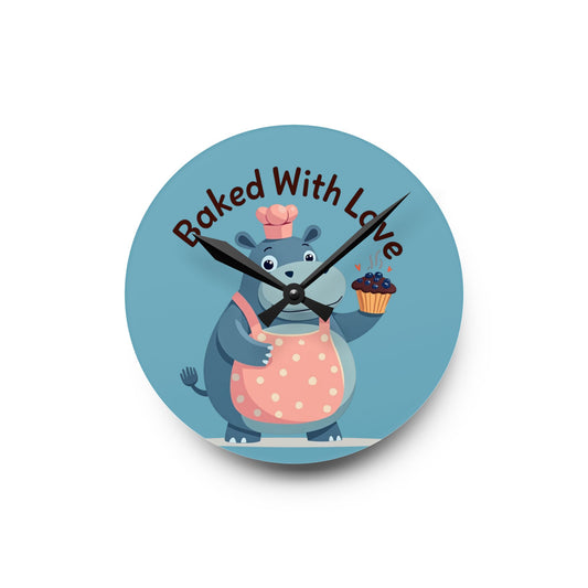 Clock with cartoon bear holding a cupcake and text 'Baked With Love' on a blue background